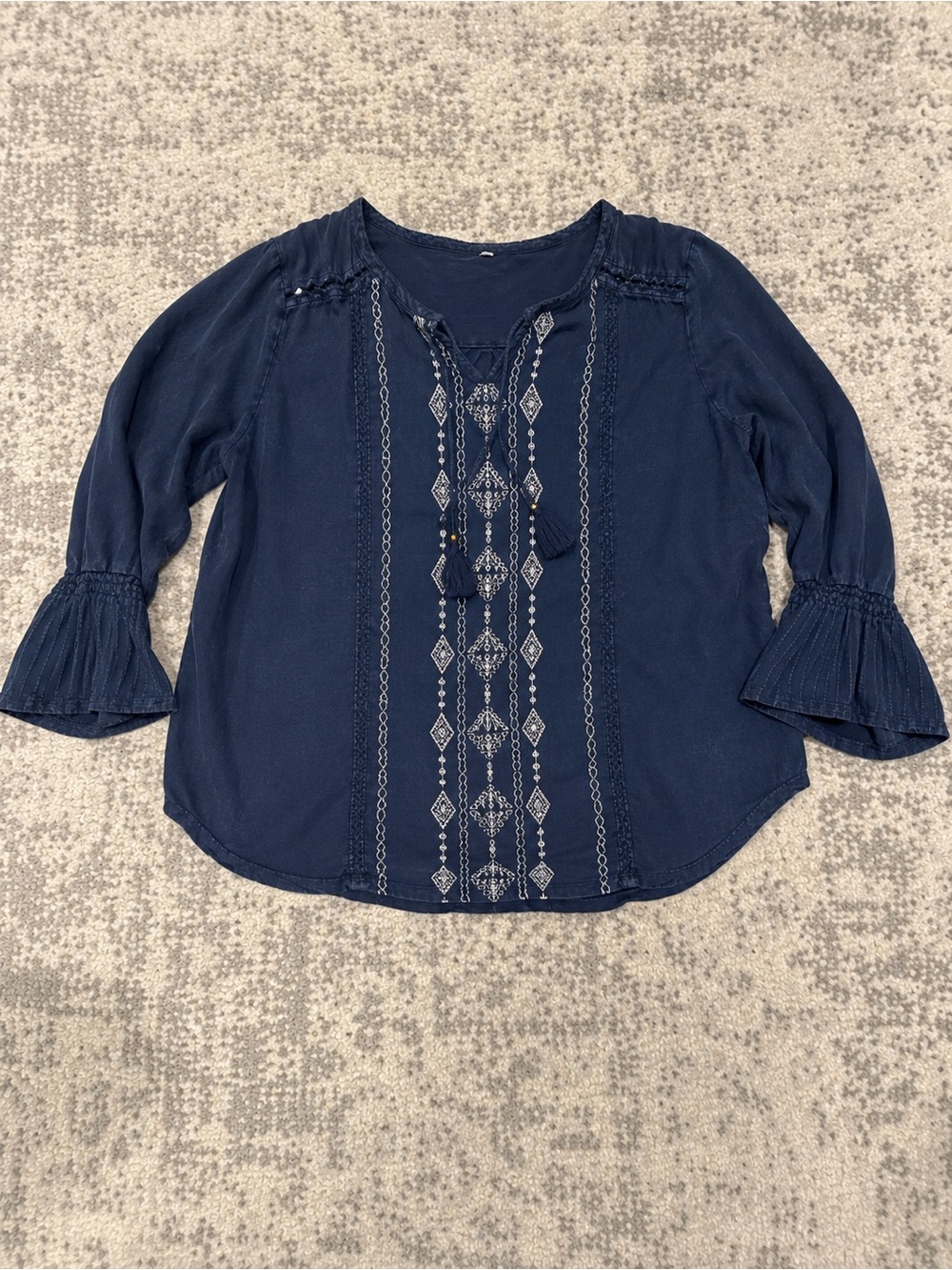 Women’s Navy Boho Embroidered Peasant Blouse Size Large Bell Sleeve Cotton Top